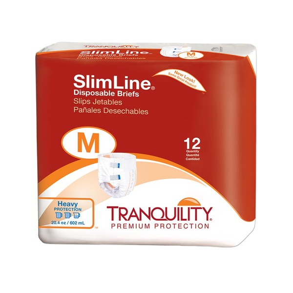 Tranquility Slimline Original Adult Disposable Brief, Incontinence Care with a Slimmer Fit, Peach Mat Core & Kufguard Technology for Max Comfort, Latex-Free, Medium, 20.4oz Capacity, 96ct Case