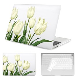 Seorsok Compatible with MacBook Air 13 Inch Case 2022 2021 2020-2018 Release A1932 A2179 M1 A2337,Elegant Blooming White Tulip Flower Plastic Hard Case with Transparent Keyboard Cover,Crystal Clear