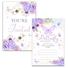 YIDOU Purple Butterfly Baby Shower Party Invitations Girl Butterfly Theme Fill in Invites Cards 20 Invitations and Envelopes (Double Sided)