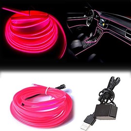 Maxlaxer El Wire Pink Interior Car LED Strip Lights, 5M Neon Wire USB 5V with Fuse Protection for Automotive Car Interior Decoration with 6mm Sewing Edge