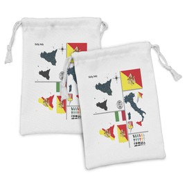 Lunarable Sicily Fabric Pouch Set of 2, Italy Regional Map Flag and Coat of Arms Image Southern Island Illustration, Small Drawstring Bag for Toiletries Masks and Favors, 9" x 6", White Multicolor