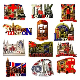 Pack of 12 London Souvenir Fridge Magnets/British Souvenirs Collectable Gift Set/Union Jack England Magnet/Iconic London Landmarks Metal Magnet