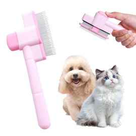 Pet Hair Removal Comb,New Cat Brush with Release Button,Pet Grooming Brush for Short&Long Pet Hair,with Release Button Self-Cleaning with Long & Short Stainless Steel Metal Teeth for Shedding(Pink)
