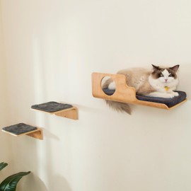 LIORCE Cat Wall Shelves with 2 Steps, Creative Design Cat Shelf with Peephole, 19 x 10 inch Cat Wall Furniture with Comfortable Cat Pad, Cat Perch for Sleeping, Playing, and Scratching.