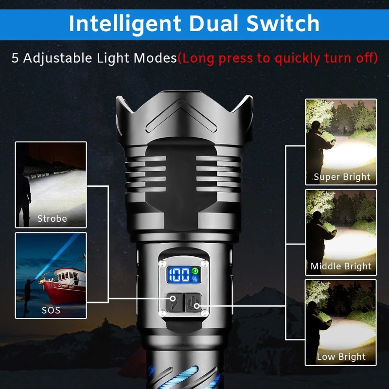 Garberiel Zoom Rechargeable LED Flashlight Tactical Super Bright 50W Torch