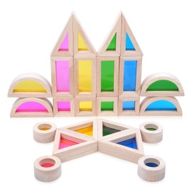 JOLKID Wooden Building Blocks with Rainbow Acrylic Windows - 24pc Classic Montessori Stacking Set - Screen-Free Educational STEM Construction Toys for Toddlers Ages 18M+