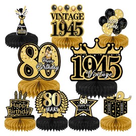 80th Birthday Decorations: Black Gold Birthday Table Decorations, 9pcs Cheers Birthday Party Decor Supplies Vintage 1945 Honeycomb Centerpieces for Men Women (Black & Gold 80th Table Decorations)