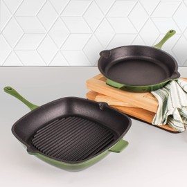 Berghoff 2Pc Neo Enameled Cast Iron Cookware Set, Grill Pan 11 Inches, Fry Pan 10 Inches, Oven Safe Up To 400°F, Green