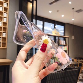 EYZUTAK for iPhone12 6.1, Bling Glitter Sequin Handmade Real Dried Flower Leaf Embedded Pressed Floral Flexible Soft Rubber Gel TPU Protective Bumper Back Cover - Blue+Pink