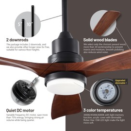 FXZZ 52 Inch Ceiling Fans with Lights and Remote, Quiet Reversible DC Motor and 3 Color Dimmable Light, 3 Blades 6 Speed Wood Ceiling Fan for Farmhouse Living Room Bedroom Dining Room Workroom Study