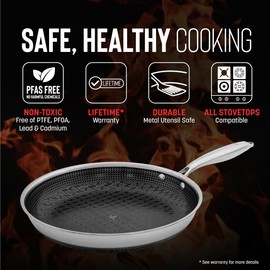 Hell's Kitchen Hybrid 11" Frying Pan, Tri-Clad Stainless Steel and Nonstick Ceramic PFAS Free, no PFOA, no PTFE, no Teflon, Non Toxic Cookware, Metal Utensil Safe, All Cooktops, Oven Safe