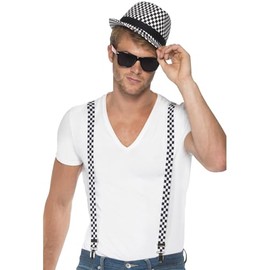 Smiffys Ska Two Tone Instant Kit, Black & White with Braces and Hat, 1980's Fancy Dress, 1980s Dress Up Accessories