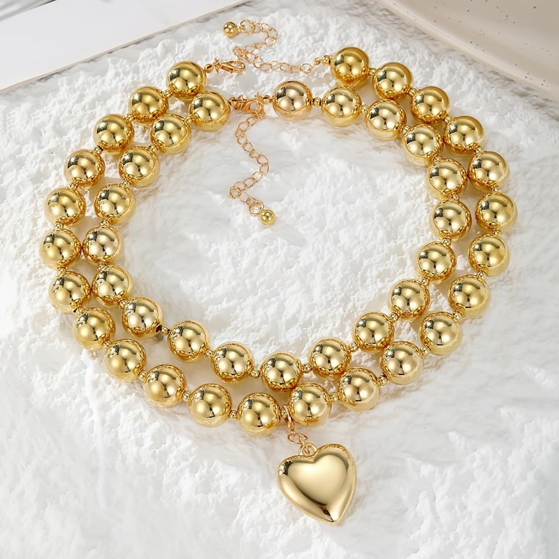 Chunky Gold Heart Necklace for Women Large Round Bead Beaded