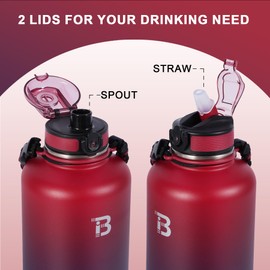 TOPBADE Half Gallon Insulated Water Bottle with Paracord Handle, 64oz Stainless Steel Water Bottle with 2 Lids(Straw & Spout), Leak Proof Water Flask Jug Keep Hot 24 Hours & Cold 48 Hours