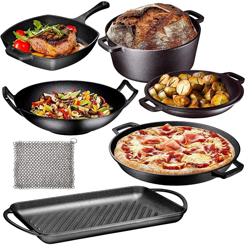 Pre Seasoned Cast Iron 7 Piece Bundle Gift Set, Double