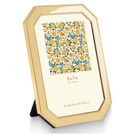 RICHFOCUS 5x7 Enamel Picture Frame with HD-Tempered Glass, Octagon Photo Frame with Gold Metal Edge for Tabletop and Wall Mount Display, Yellow