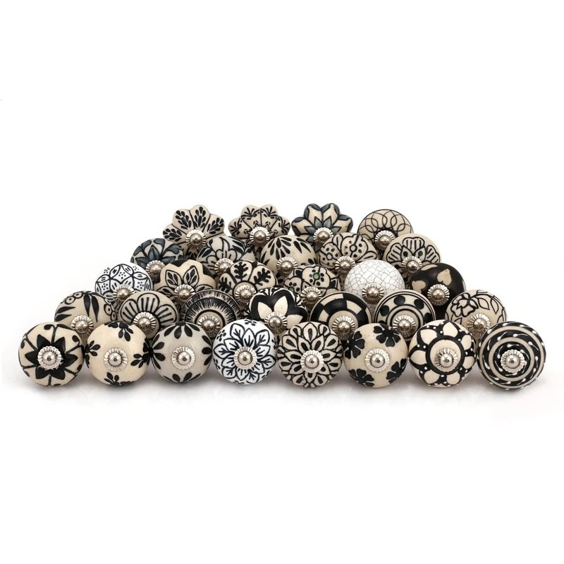 ATCUSA Indian Handmade Assorted Black and White Ceramic Door Knobs