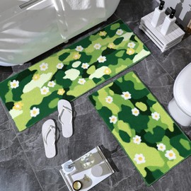 Duraaamo 2 Pcs Bathroom Rugs Long Non Slip Green Palm Leaf Moss Floral Bath Mat Soft Absorbent Cute Boho Aesthetic Decor Soft and Absorbent Microfiber Bath Rugs for Floor Bathroom Runner(Moss)