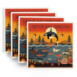 Depoe Bay, Oregon Coast, Marine Animals, Geometric (Absorbent Ceramic Coasters Set of 4 Matching Images, Cork Back, Kitchen Table Decor)