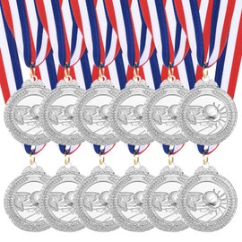 MECCANIXITY Basketball Medals 2 Inch, Silver Award Medals with Neck Ribbon for Team Sports Games Competitions Party Favors 12 Pieces