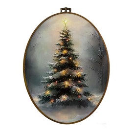 dvhdajed Vintage Christmas Tree Oval Wall Art Decor, Christmas Decoration, Rustic Moody Winter Pine Tree Framed Canvas Art, Farmhouse Forest Oval Wall Hanging Decor for Home Living Room, 8.7x11.3
