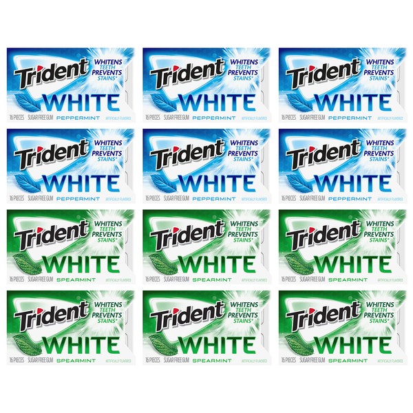 Trident White Sugar Free Gum Variety Pack, Peppermint & Spearmint Flavors, 12 Packs of 16 Pieces (192 Total Pieces)
