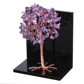 Amogeeli 1 Pair Healing Crystal Tree of Life Acrylic Bookends for Heavy Books, Decorative Fengshui Stone Tree Book Ends for Shelves Desktop Home Office, Amethyst