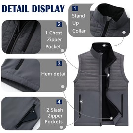AKuVoL Men's Outerwear Vest Lightweight Windproof Puffer Softshell Sleeveless Jacket for Travel Running Grey 2XL