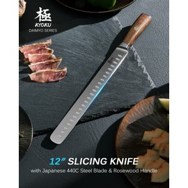 KYOKU 12" Slicing Knife, Daimyo Series Brisket Knife for Meat Cutting with Rosewood Handle, Japanese 440C Stainless Steel Meat Carving Knife for BBQ Brisket Turkey Ham Rib Roast with Sheath and Case
