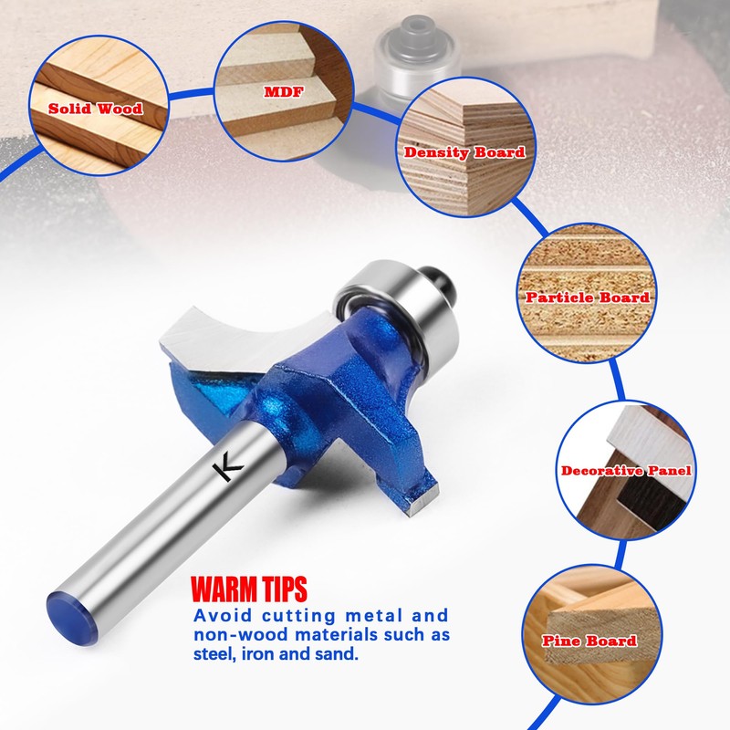 6Pcs Roundover Router Bit 1/4 Shank,Radius 1/8" 3/16" 1/4" 5/16"