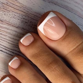 White French Tip Press on Toenails for Women, French Artificial Fake Toenail Press ons Short Square Acrylic Press on Toe Nails, Reusable Toenails Glue on Natural Seamless Fit, 24Pcs Glue Toenails