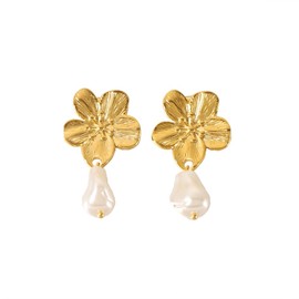 Women's Gold Stud Earrings Stainless Steel Gold Flower Earrings 14K Gold Plated Baroque Pearl Statement Earrings Trendy Jewelry-Pearl