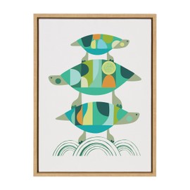 Kate and Laurel Sylvie Turtle Family Framed Canvas Wall Art by Rachel Lee of My Dream Wall; 18x24 Natural; Bright Colorful Animal Turtle Art for Wall