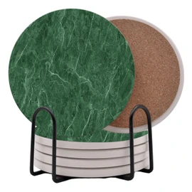 Dark Green Marble Round Coasters Set of 6 - Abosrbent Ceramic Coasters with Metal Stand for Drinks, Coffee, Non-Slip Cork Back for Tabletop Protection, 4 Inches Marbled Pattern (Green)