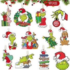 24Pcs Wooden Christmas Ornaments, Grin_chs Hanging Ornaments, Grin_ch Christmas Tree Ornaments, Grin_ch Christmas Decorations Xmas Hanging Charms Decorative Christmas Holiday Decor Favor Supplies