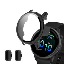 (1+2) Orzero Watch Case Compatible for Garmin Vivoactive 6, with 2 Pack Black Dust Plug Protective PC Frame Face Cover Built-in Tempered Glass Screen Protector Scratch Resistant - Matte Black
