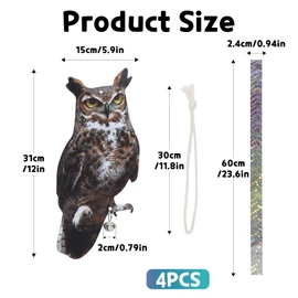Kungfu Mall Bird Scarer, 4 Pieces Fake Owl Hanging Owl to Keep Birds Away Reflective Hanging Bird Decoration to Keep Birds Away from the Garden Patio Window