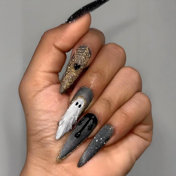 24Pcs Glitter Halloween Press on Nails Long Stiletto Fake Nails
