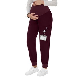 PACBREEZE Women's Maternity Scrubs with 6 Pockets, Workwear Maternity Jogger Scrubs Pregnancy Pants, S-XXL(Burgundy, Large)