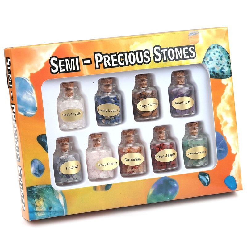 mookaitedecor 9pcs Mini Glass Wishing Bottles Tumbled Gemstone Crystal Chips