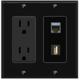 RiteAV 15A Power Outlet 1 Port CAT7 1 USB2 Jack Decorative Wall Plate [Black]