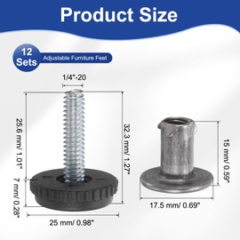 sourcing map M6 Thread Furniture Feet Levelers, 12Set 1/4"-20 25.6mm L Adjustable Furniture Feet Screw in Threaded Leveling Leg Screw on Chair Foot Glides Leveling for Table Chair Cabinet Black