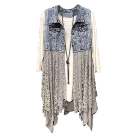 FindThy Women’s Denim Vest Sleeveless Ripped Draped Patchwork Cardigan Jean Vest with Irregular Lace Extender Hem(0475-DenimBlue-XL-LB)
