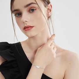 LONAGO Cat Bracelet 925 Sterling Silver Cute Cat with Birthstone Bracelet Jewellery for Women, Sterling Silver