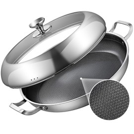 DELARLO Paella Pan With Lid 14 Inch Tri-Ply Large Stainless Steel Nonstick Frying Pan,Induction Skillets,Fast Heating Cookware,Indoors Outdoors,paelleras para 12 personas Jumbo Cooker