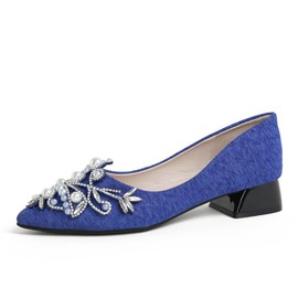 Women's Rhinestone Fashion Pointed Toe Pearl Diamond Low Heel Dress Wedding Work Business Dance Pumps 2Blue Size 7