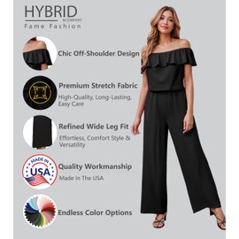 Hybrid & Company Women's Dressy Elegant Comfy Stretch Pull On Off Shoulder High Waist Wide Leg Pants Fashion Jumpsuit Romper Black M