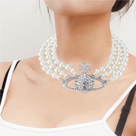 DEYOUM Saturn planet Pearl Earrings Necklace Set for Women Trendy 14k Gold Silver Plated Crystal Rhinestone Planet White Pearl Earrings Necklace Birthday Wedding Party Jewelry Gifts, Medium, Pearl, No