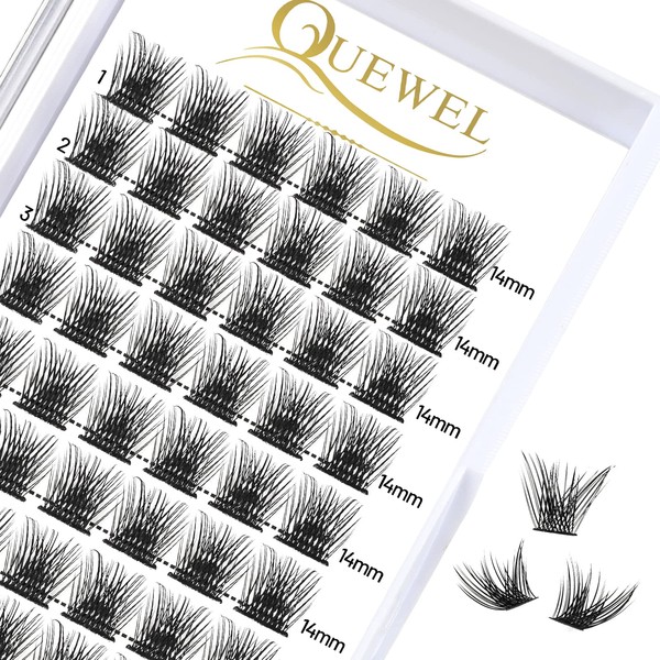 QUEWEL Individual Eyelashes, Individual Eyelash Clusters, Lashes, Natural Matt, Mega C Curl, 14 mm, Lash Segments, Wide Base, for Eye Make-Up, DIY Eyelash Extension, Fluffy-C-14 mm