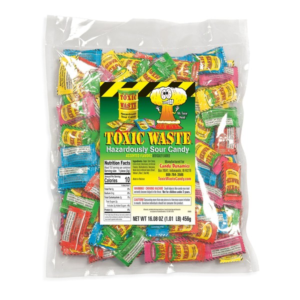 TOXIC WASTE | 1 Pound Bag Assortment of Toxic Waste Sour Candy - 5 Flavors: Apple, Watermelon, Lemon, Blue Raspberry, and Black Cherry